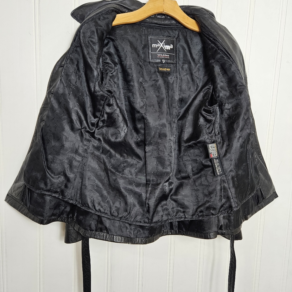 Vintage Wilson Maxima Black Leather Belted Trench Coat Jacket Size S Cinch Waist - Picture 8 of 12